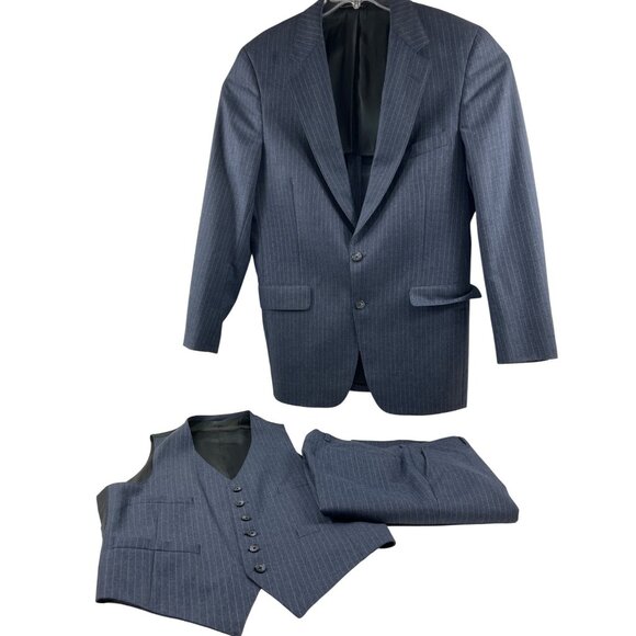 Mens 3-Piece Pinstripe Suit Jacket Vest & Pants 34x32 Navy Wool Blend Size 44R - Picture 1 of 16